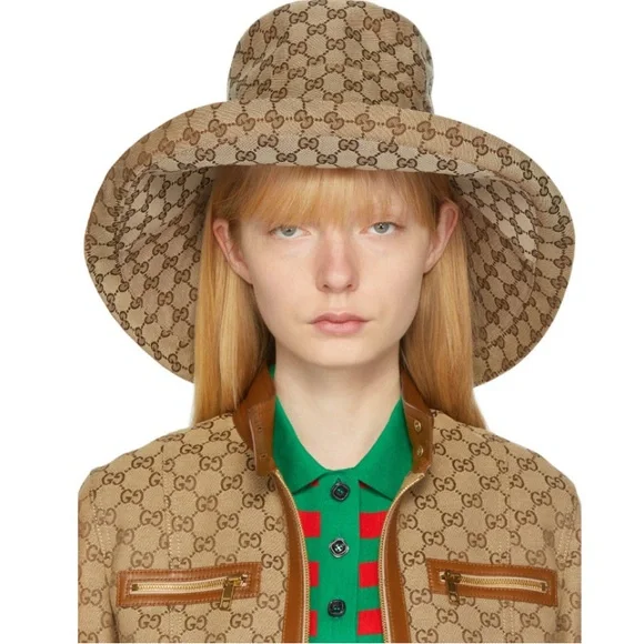 Gucci Bucket Hat GG Monogram Beige Wide Large Brim Jacquard Canvas Denim New - Picture 5 of 8